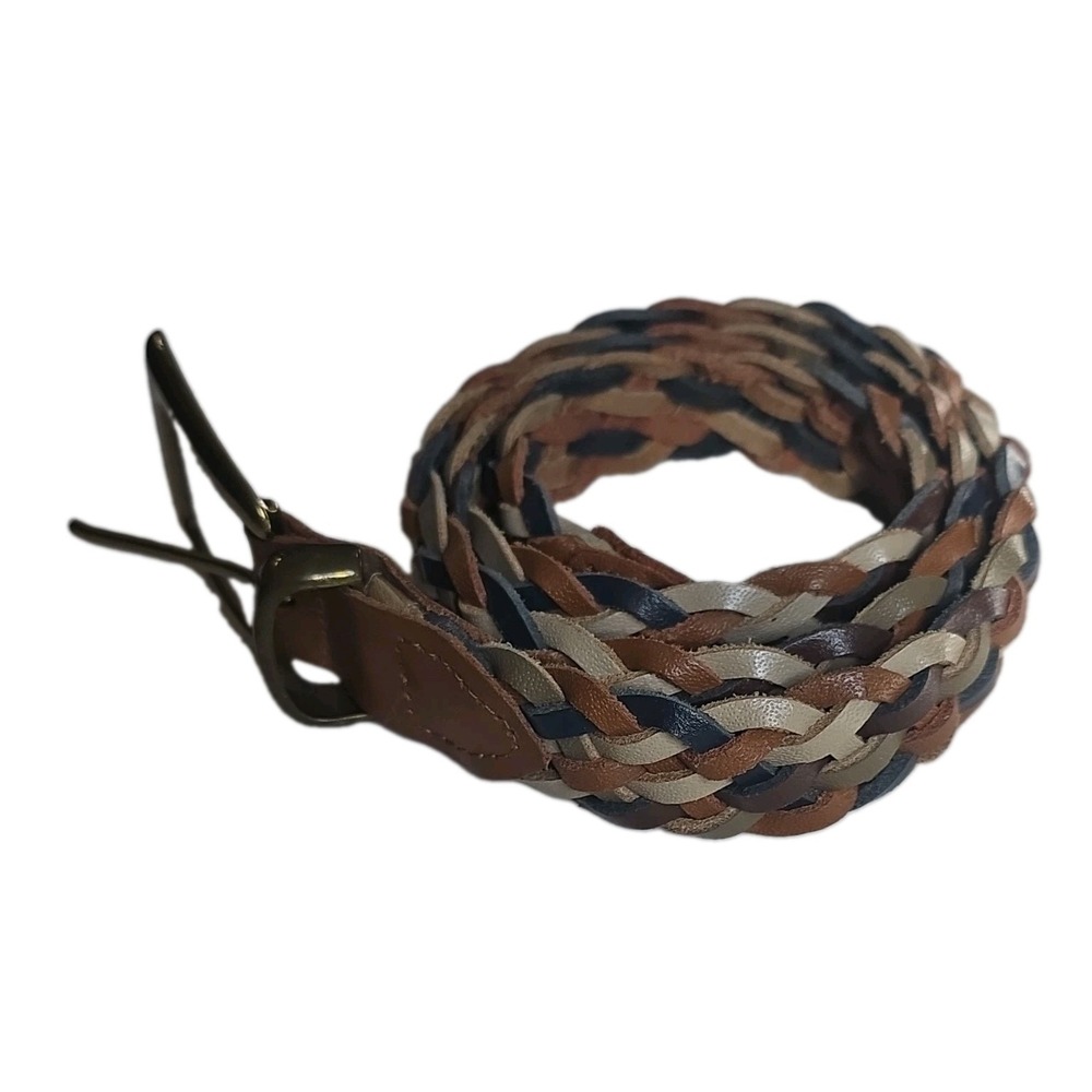 Vtg Guatemalan Multicolor Braided Genuine Leather Belt Small 1" Woven Brass 36"